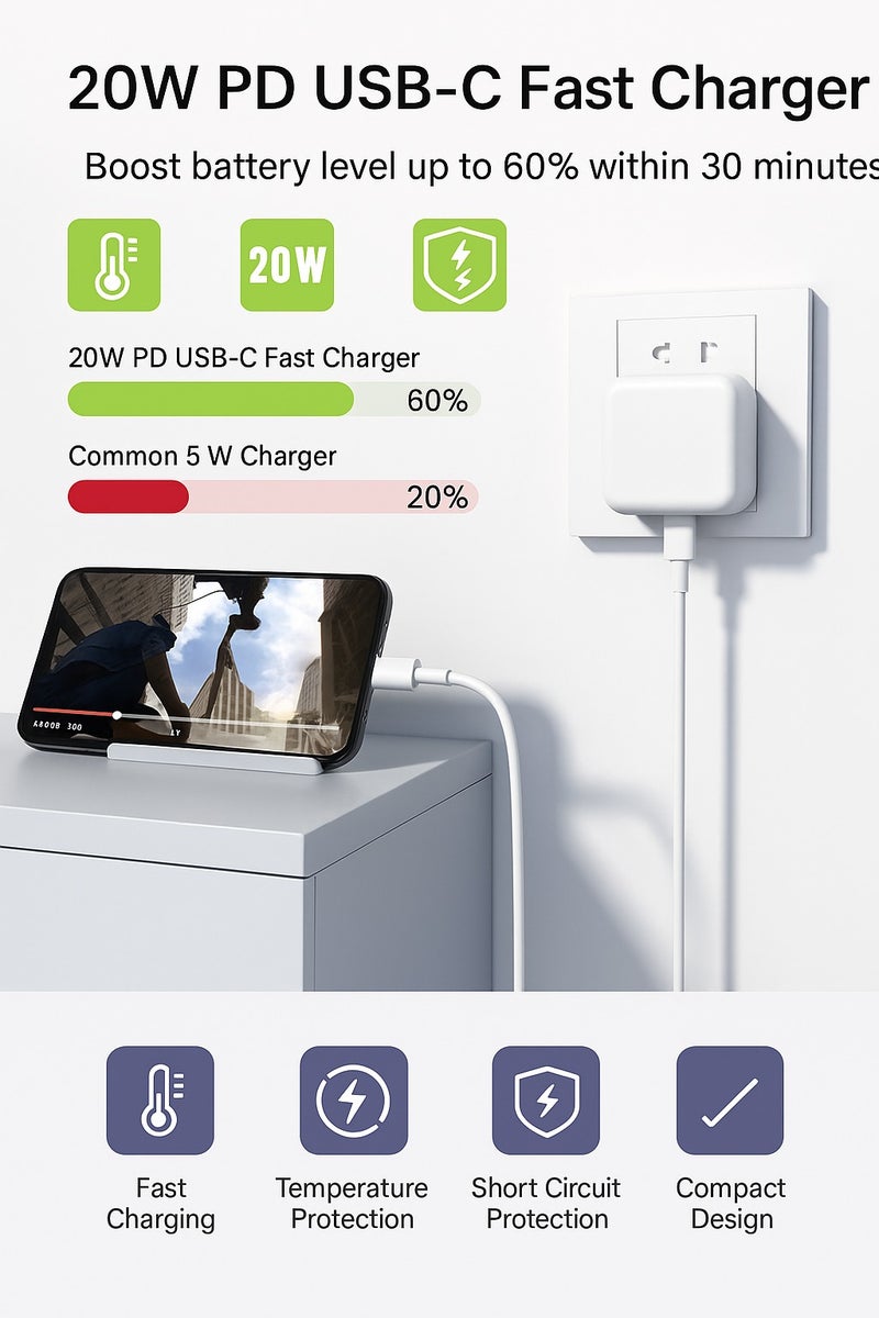 20W Type-C Fast Charger with Lightning Cable – Compatible with iPhone, Safe & High-Quality PD Charging - Image 4